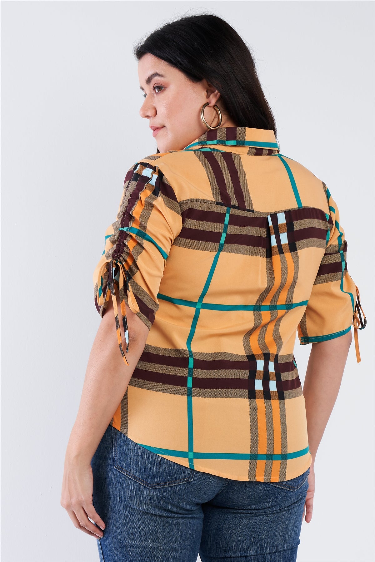 Plus Size Plaid Multi Stripe Cinched Sleeve Button Down Top