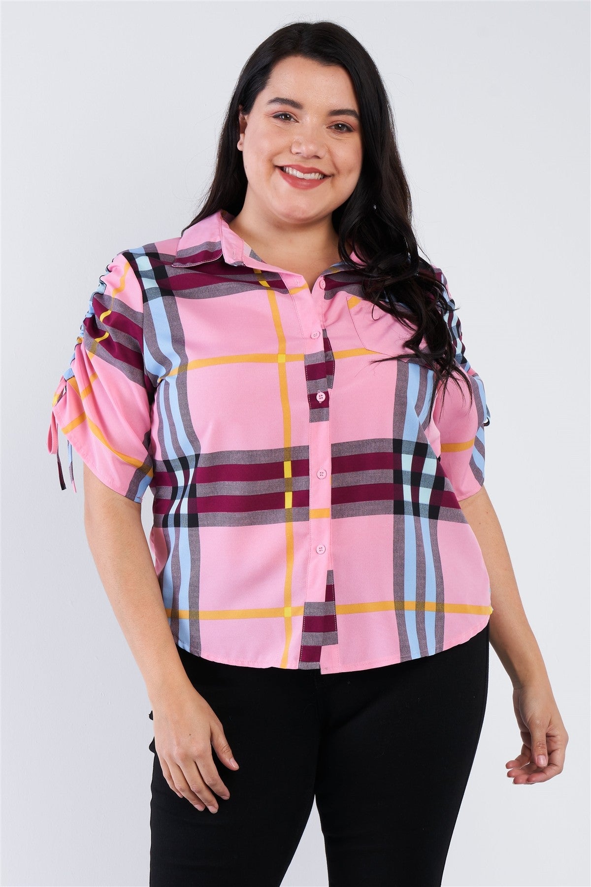Plus Size Plaid Multi Stripe Cinched Sleeve Button Down Top