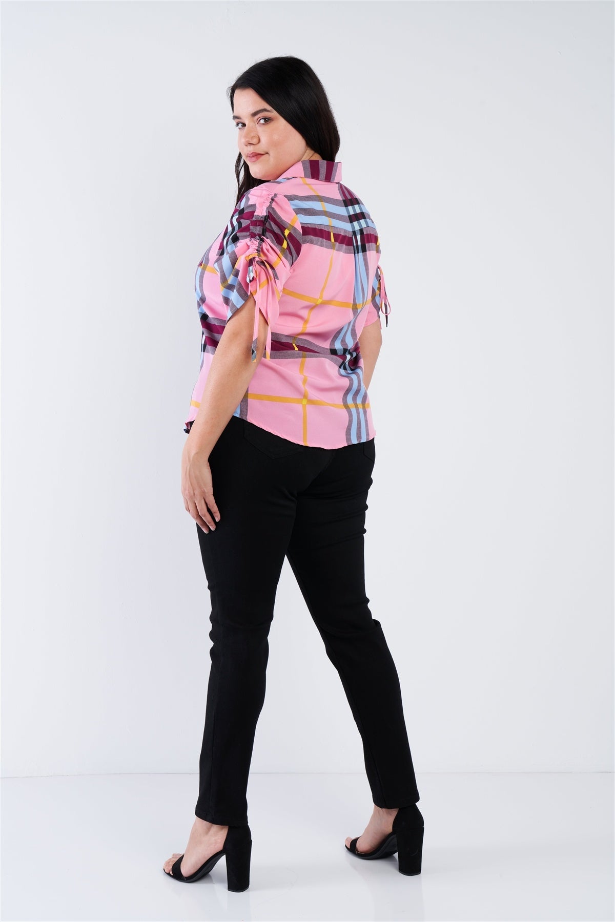 Plus Size Plaid Multi Stripe Cinched Sleeve Button Down Top