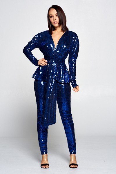 Sequin Deep V Neckline Long Sleeve Top Paired With Sequin Elastic Waist Pants