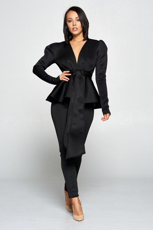 Long Sleeve Deep V Neckline Top With Waist Tie To Make A Bow Detail Paired With Elastic Waist Pants