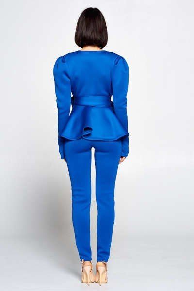 Long Sleeve Deep V Neckline Top With Waist Tie To Make A Bow Detail Paired With Elastic Waist Pants