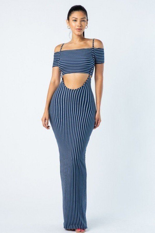 Stripe Off Shoulder Short Sleeve Crop Top And Overall Dress Set