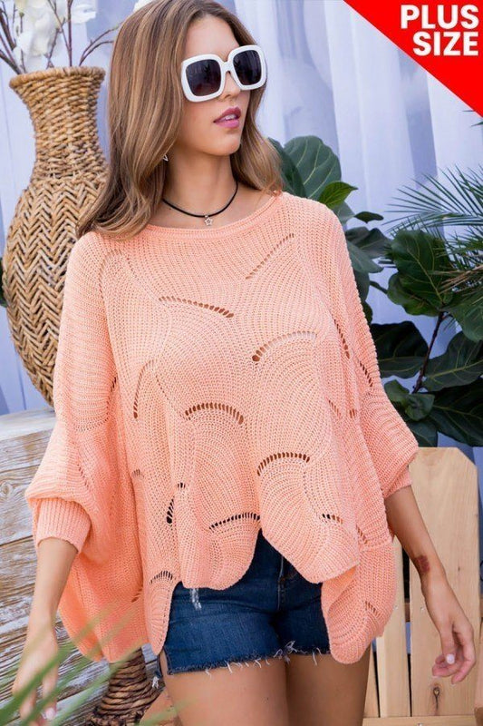 Plus Size Round Neck Long Batwing Sleeve Scalloped Edge Sweater