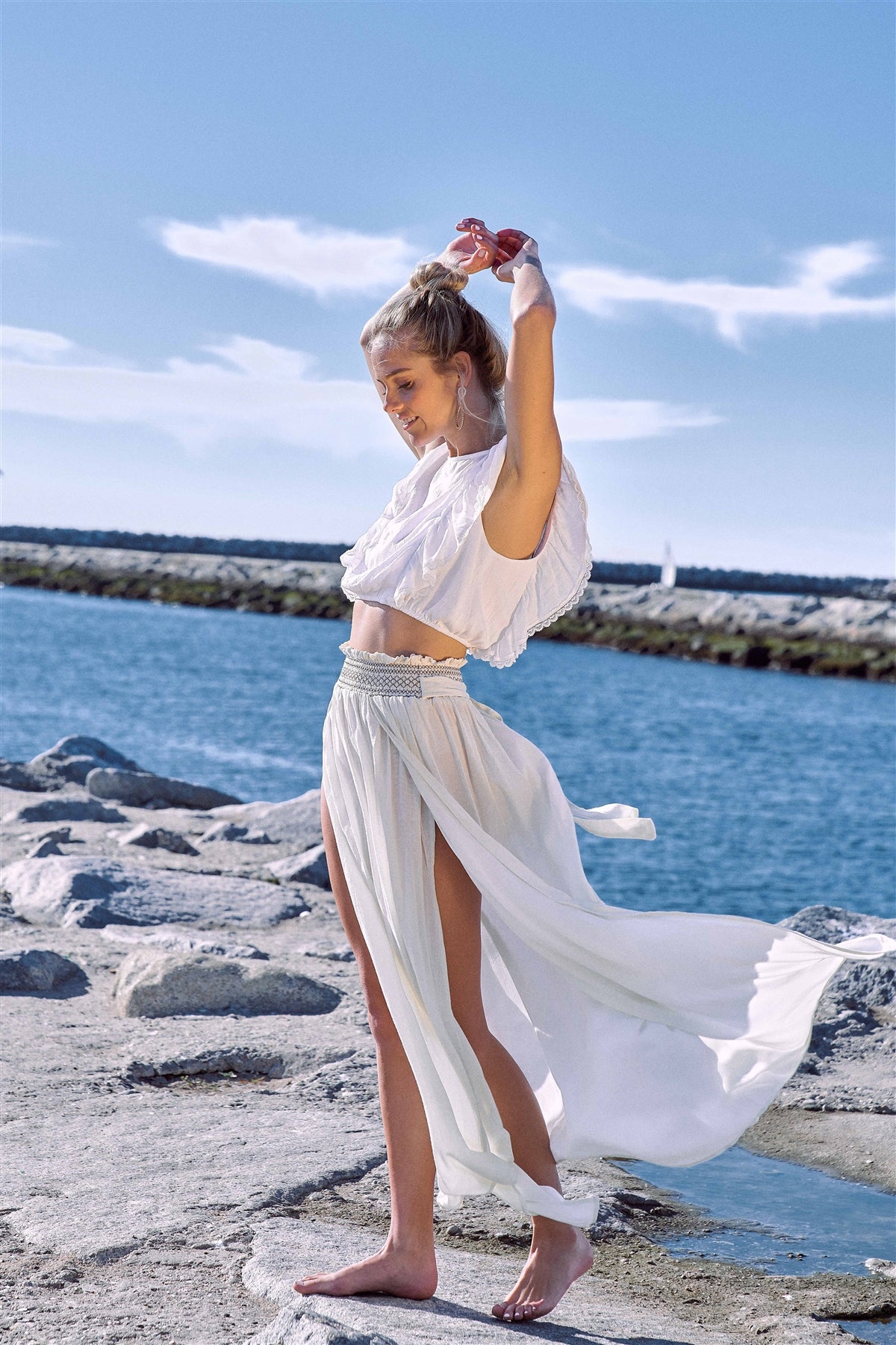 Taupe Sheer Center Side Slit Cut Out Boho Elastic Waist Maxi Skirt