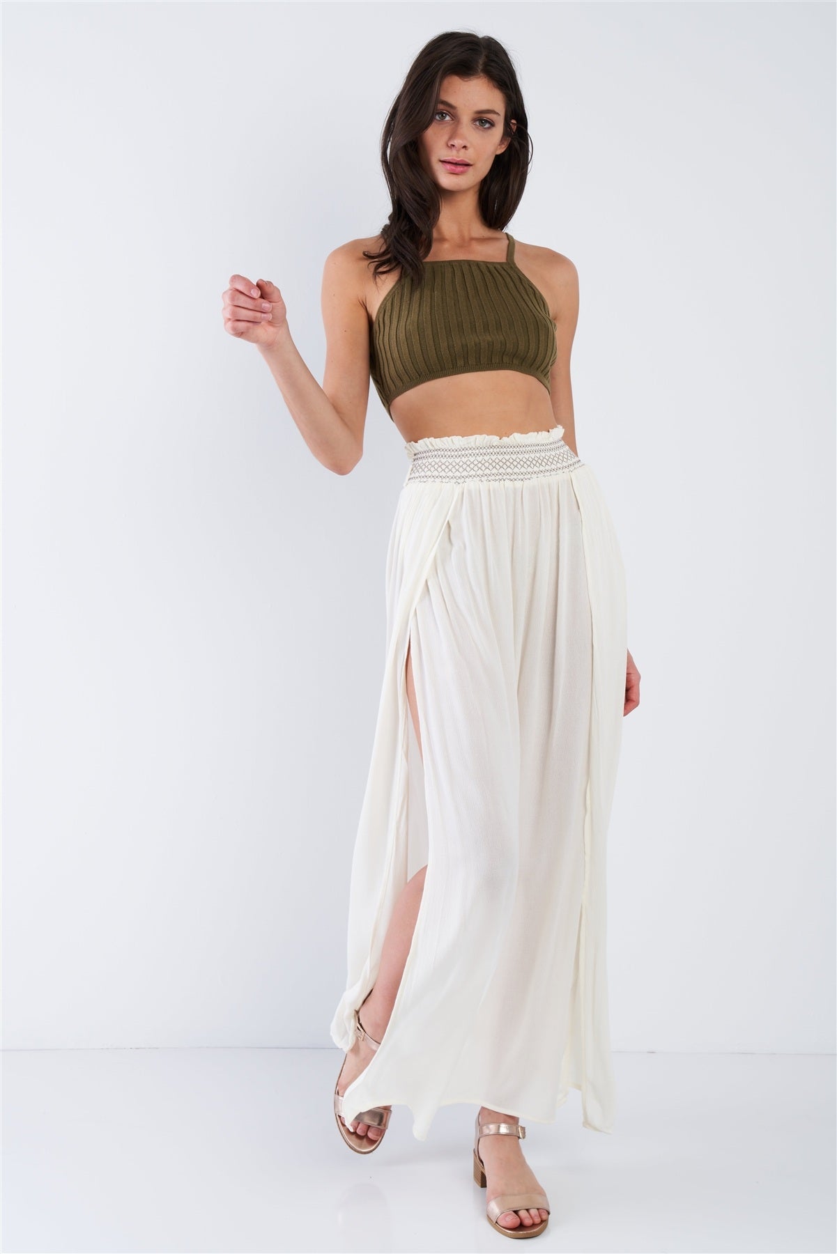 Taupe Sheer Center Side Slit Cut Out Boho Elastic Waist Maxi Skirt