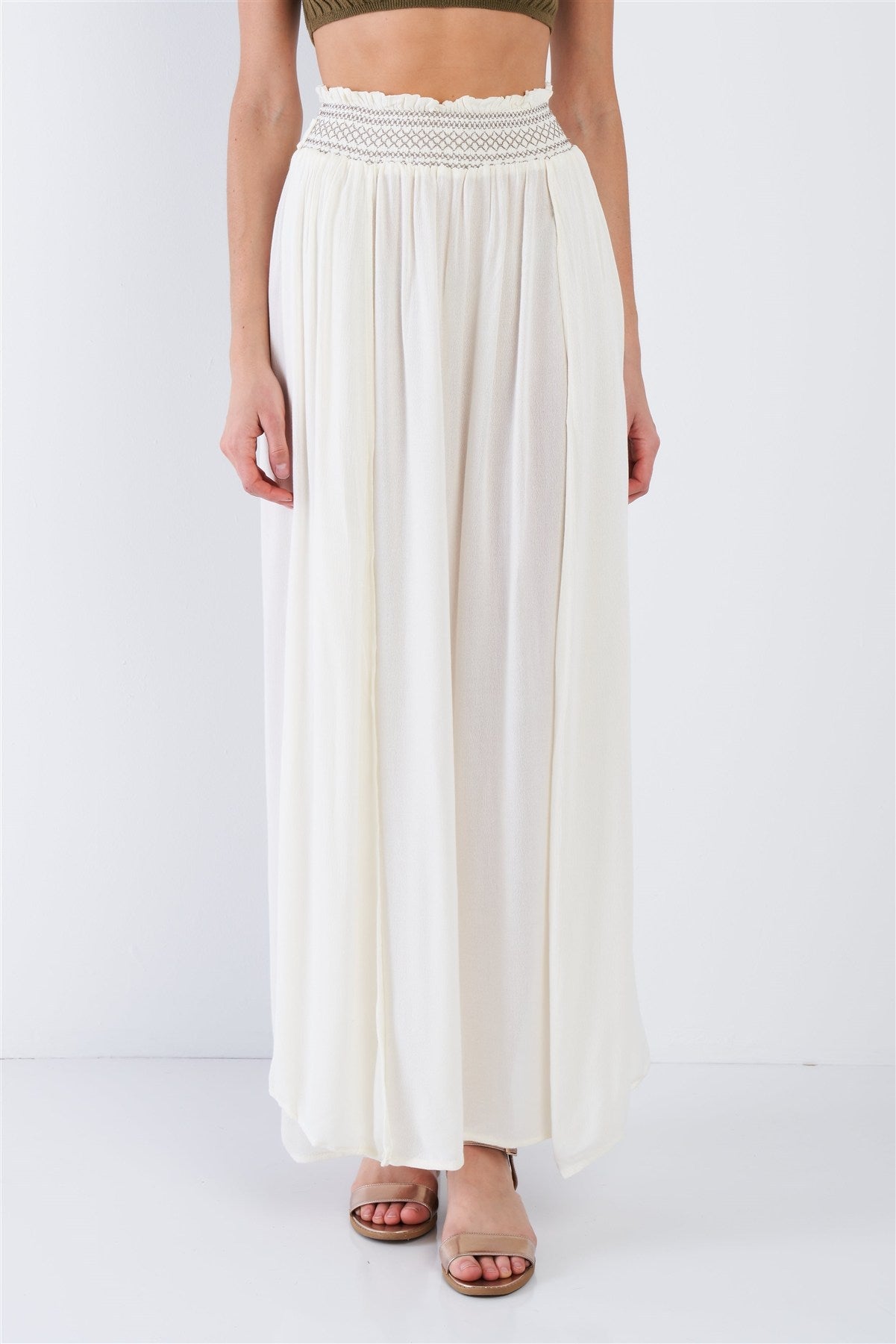 Taupe Sheer Center Side Slit Cut Out Boho Elastic Waist Maxi Skirt