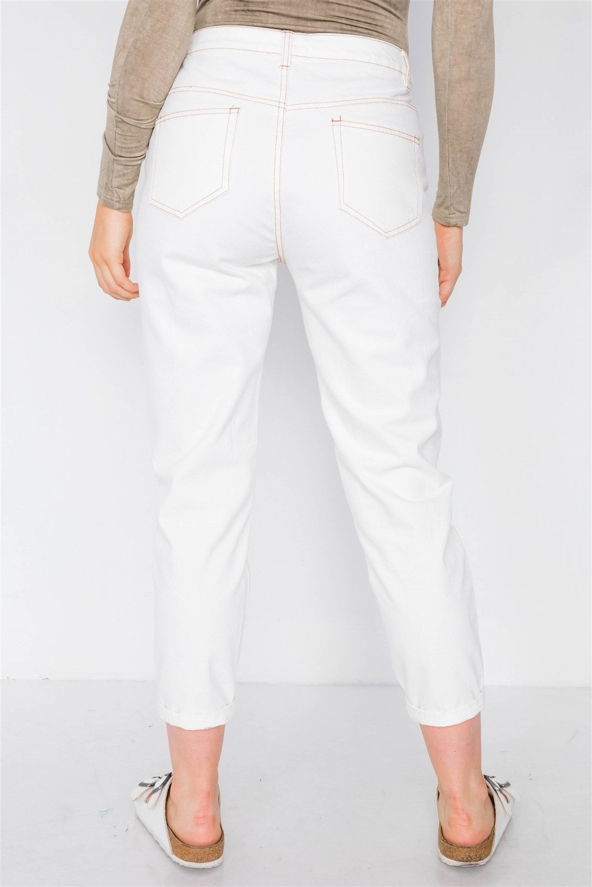 Off White With Brown Stitching Jeans