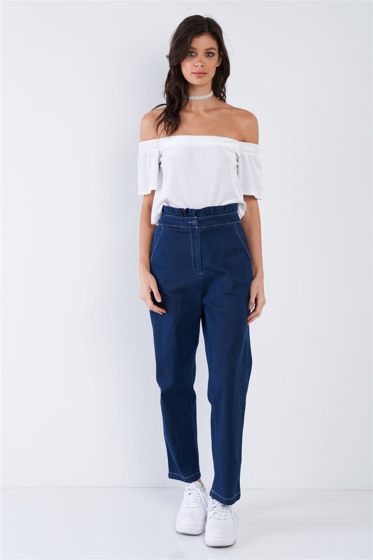 Jean Blue White Stitch Retro High Waist Frill Mock Wrap Denim Pants