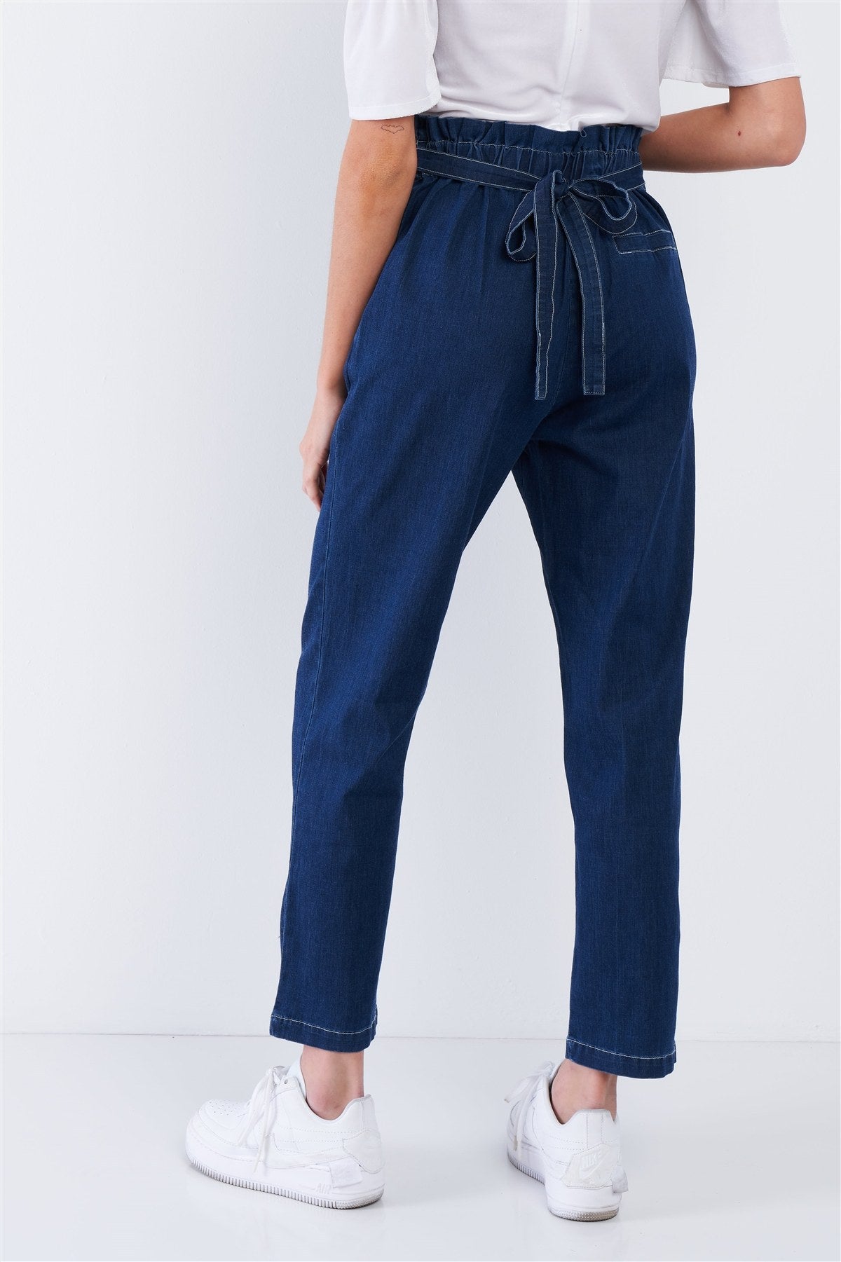 Jean Blue White Stitch Retro High Waist Frill Mock Wrap Denim Pants