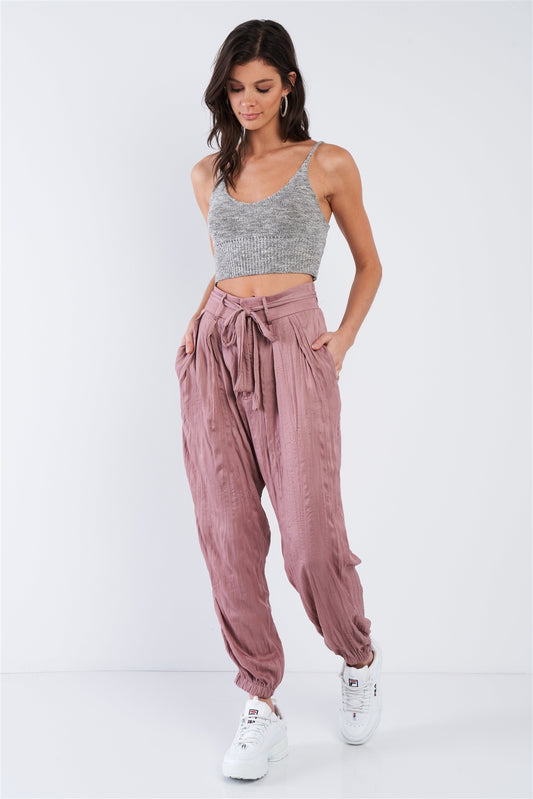 Crushed Satin Cinched Ankle Cuff Self Tie Waist Sash Pants