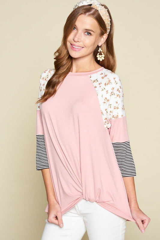 Plus Size Floral And Striped Color Block Sleeves Tunic Top With Side Twist