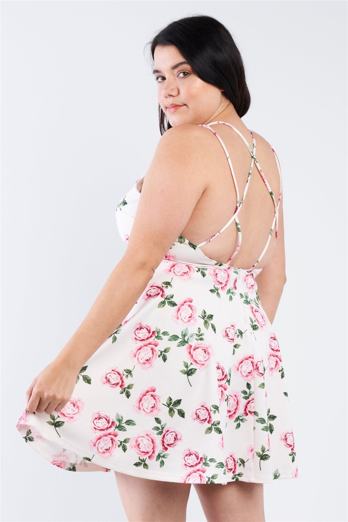 Plus Size Off White V-neck Floral Criss Cross Open Back Mini Dress