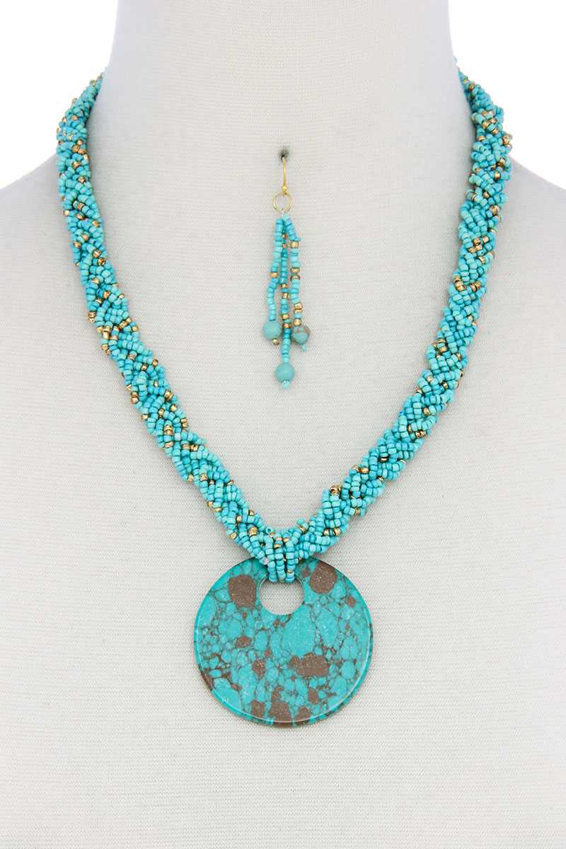 Faux Stone Pendant Seed Bead Necklace