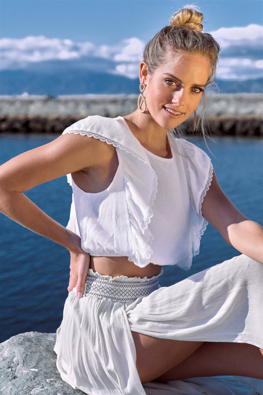 Off-white Semi-sheer Lace Frill Trim Cinched Elastic Waist Crop Top
