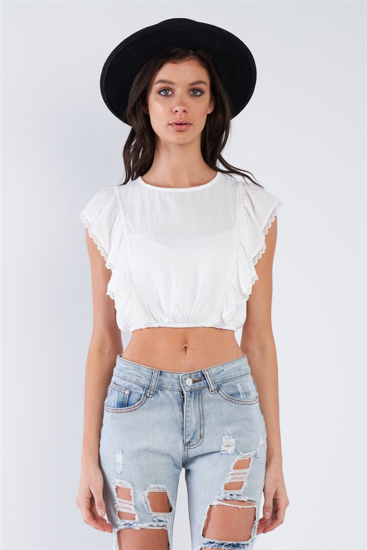 Off-white Semi-sheer Lace Frill Trim Cinched Elastic Waist Crop Top