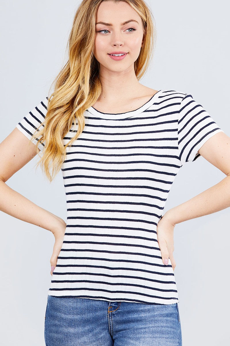 Short Sleeve Crew Neck Stripe Pointelle Knit Top