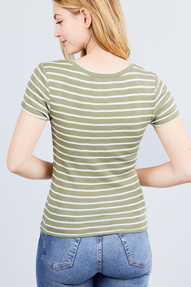 Short Sleeve Crew Neck Stripe Pointelle Knit Top