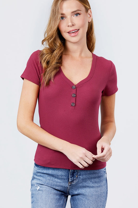 Short Sleeve V-neck W/button Detail Rib Knit Top