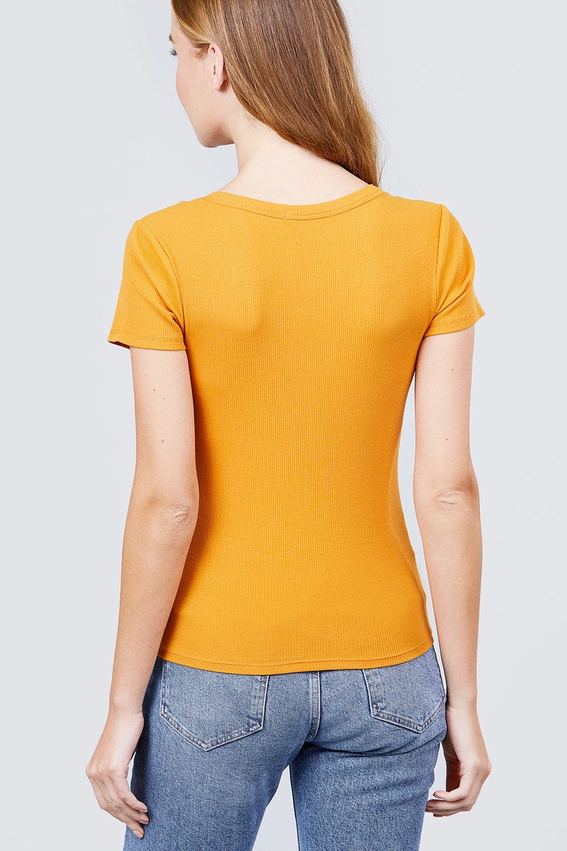 Short Sleeve V-neck W/button Detail Rib Knit Top