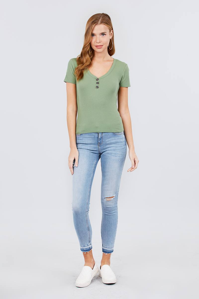 Short Sleeve V-neck W/button Detail Rib Knit Top