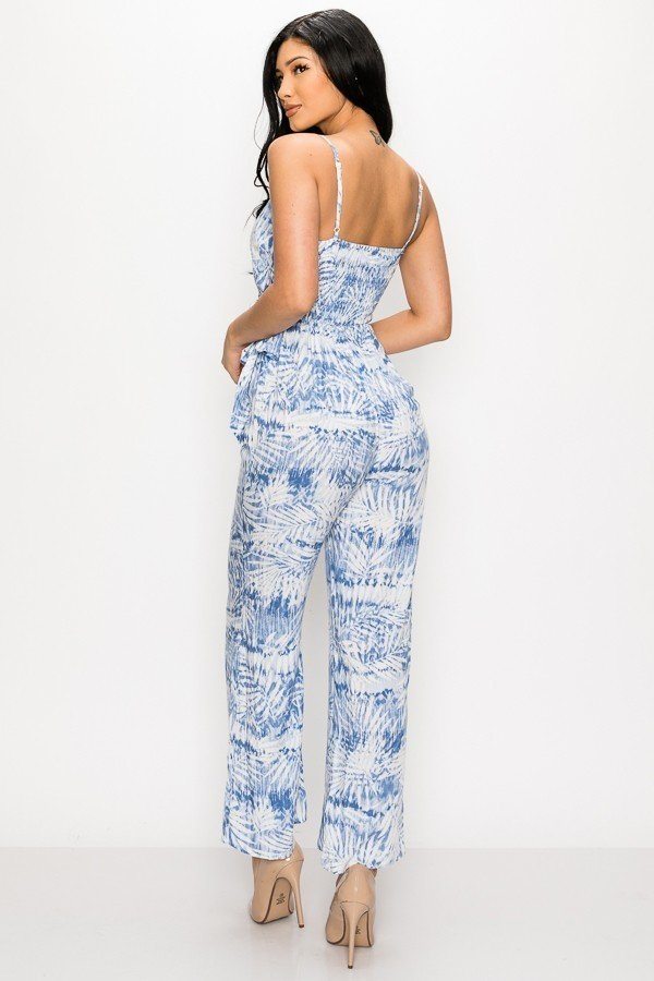 Tropical Leaf Print Tie Waist Jumpsuit