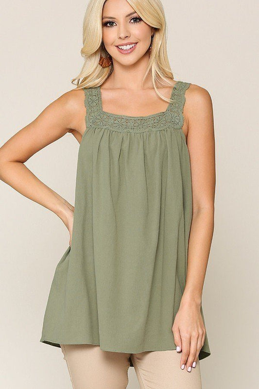 Square Neck Crochet Trim Sleeveless Top