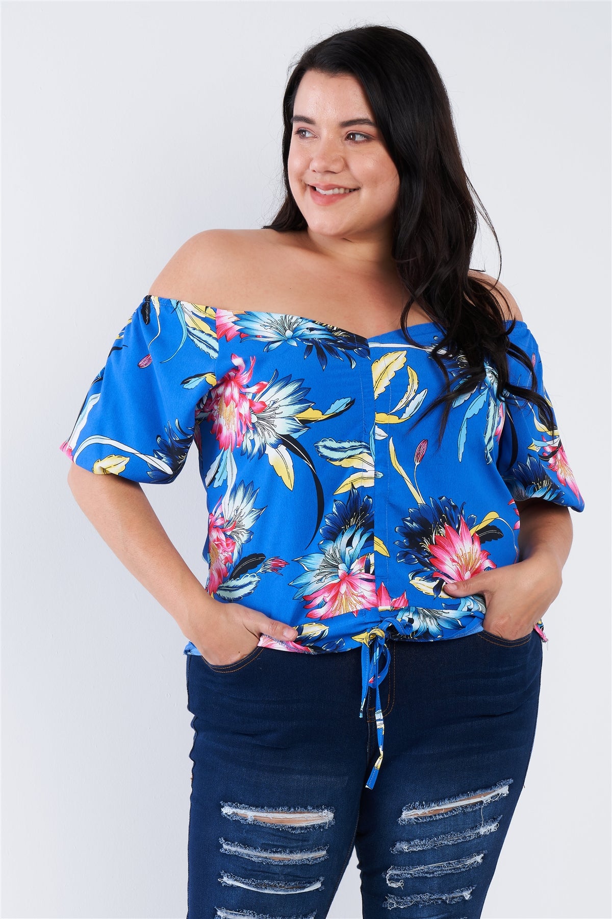 Plus Size Multi Tropical Floral Puff Sleeve Top