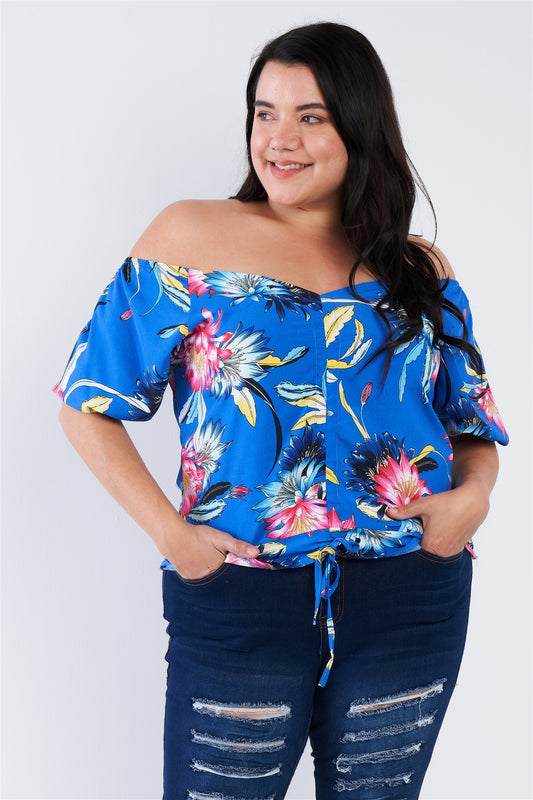 Plus Size Multi Tropical Floral Puff Sleeve Top