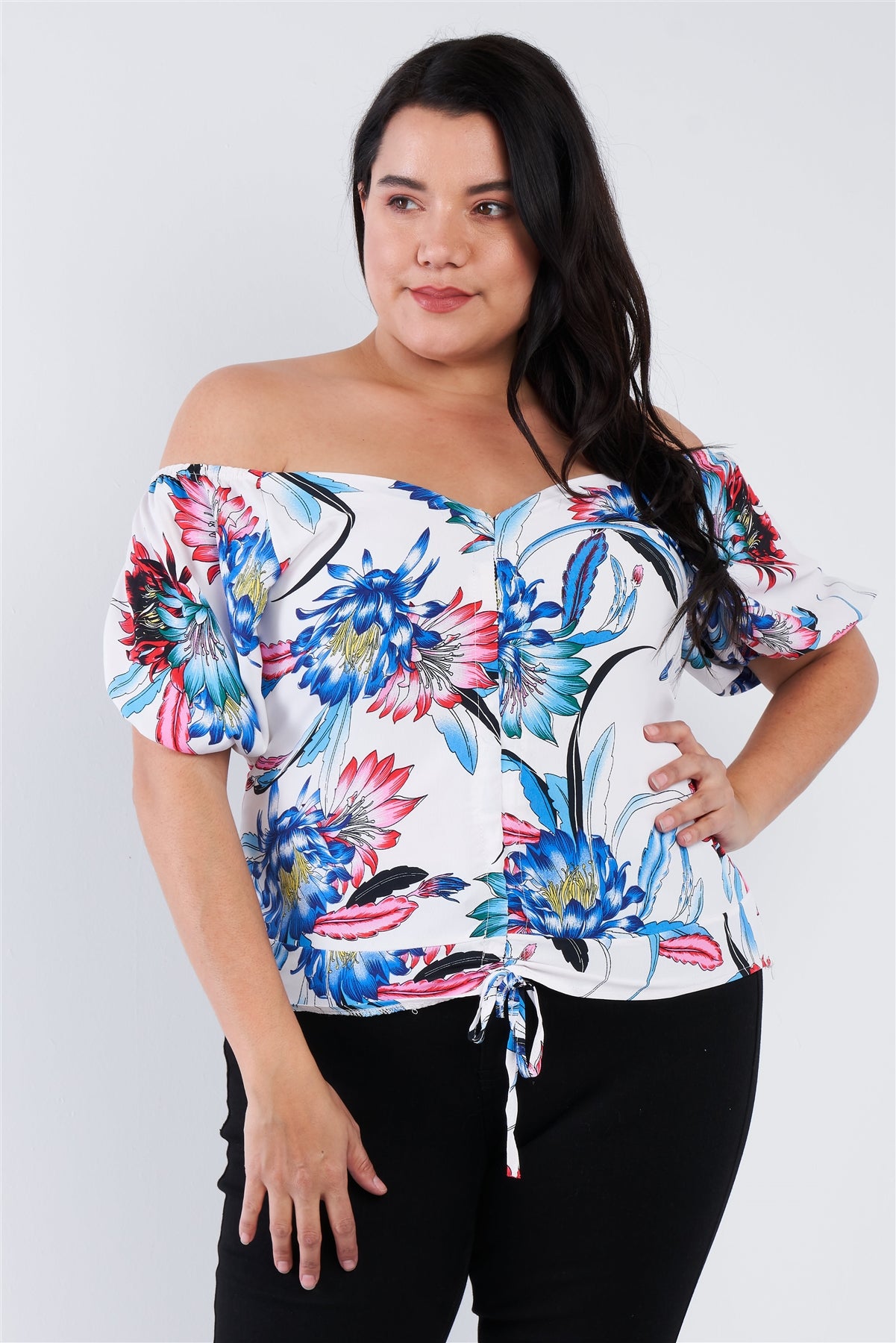 Plus Size Multi Tropical Floral Puff Sleeve Top
