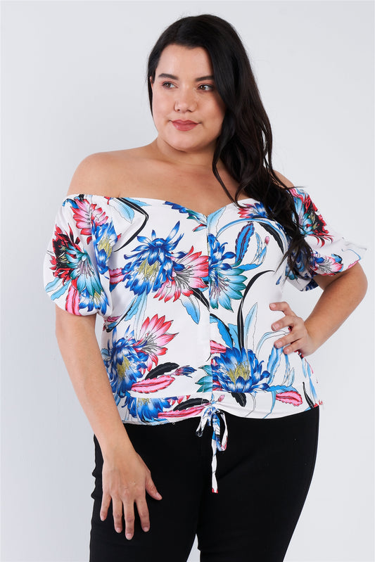 Plus Size Multi Tropical Floral Puff Sleeve Top