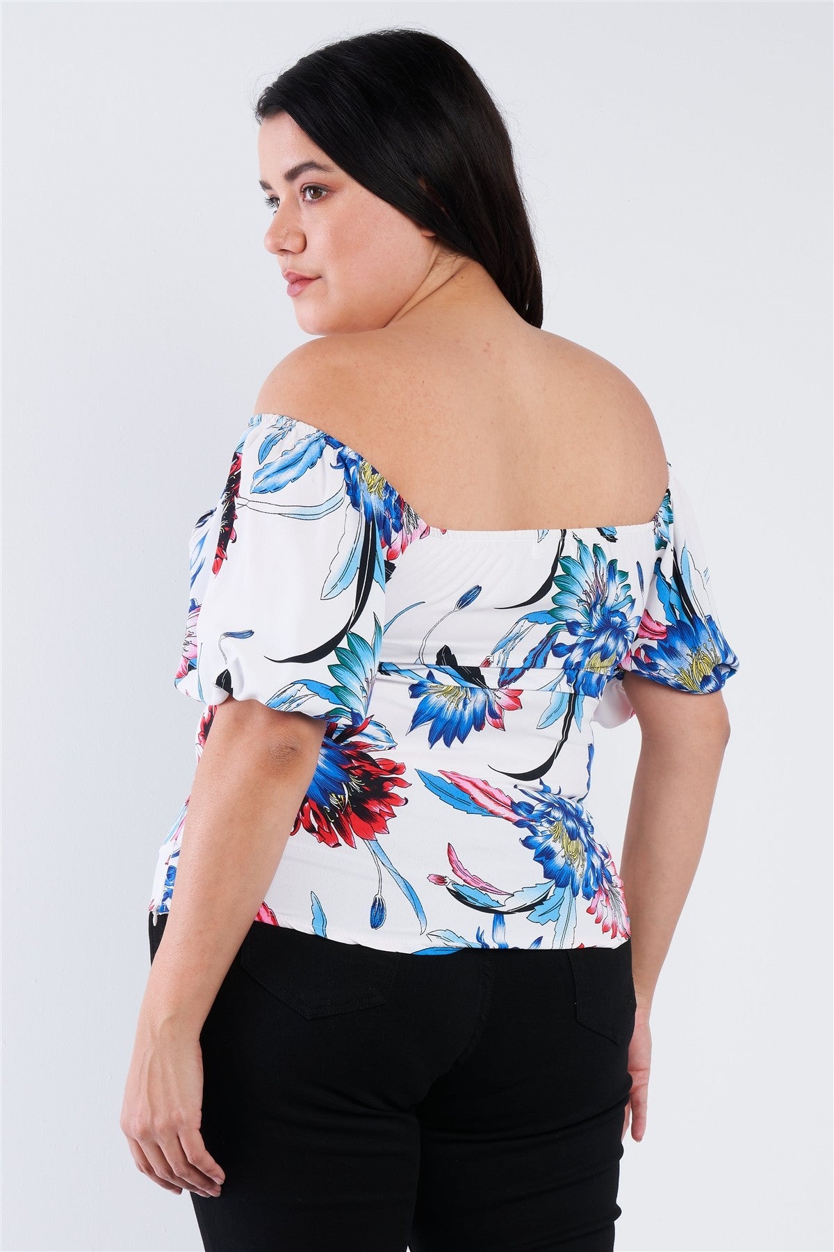Plus Size Multi Tropical Floral Puff Sleeve Top
