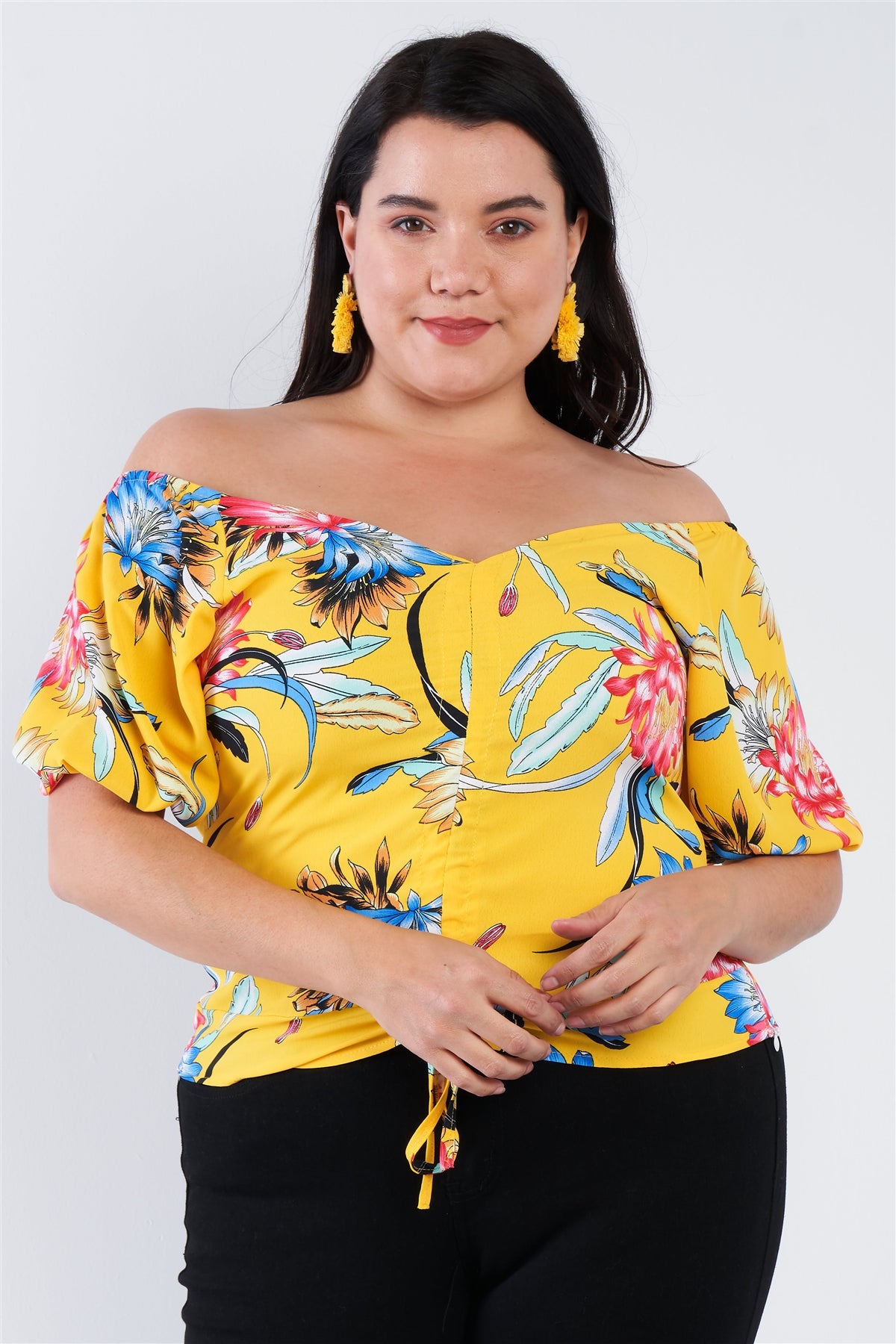 Plus Size Multi Tropical Floral Puff Sleeve Top