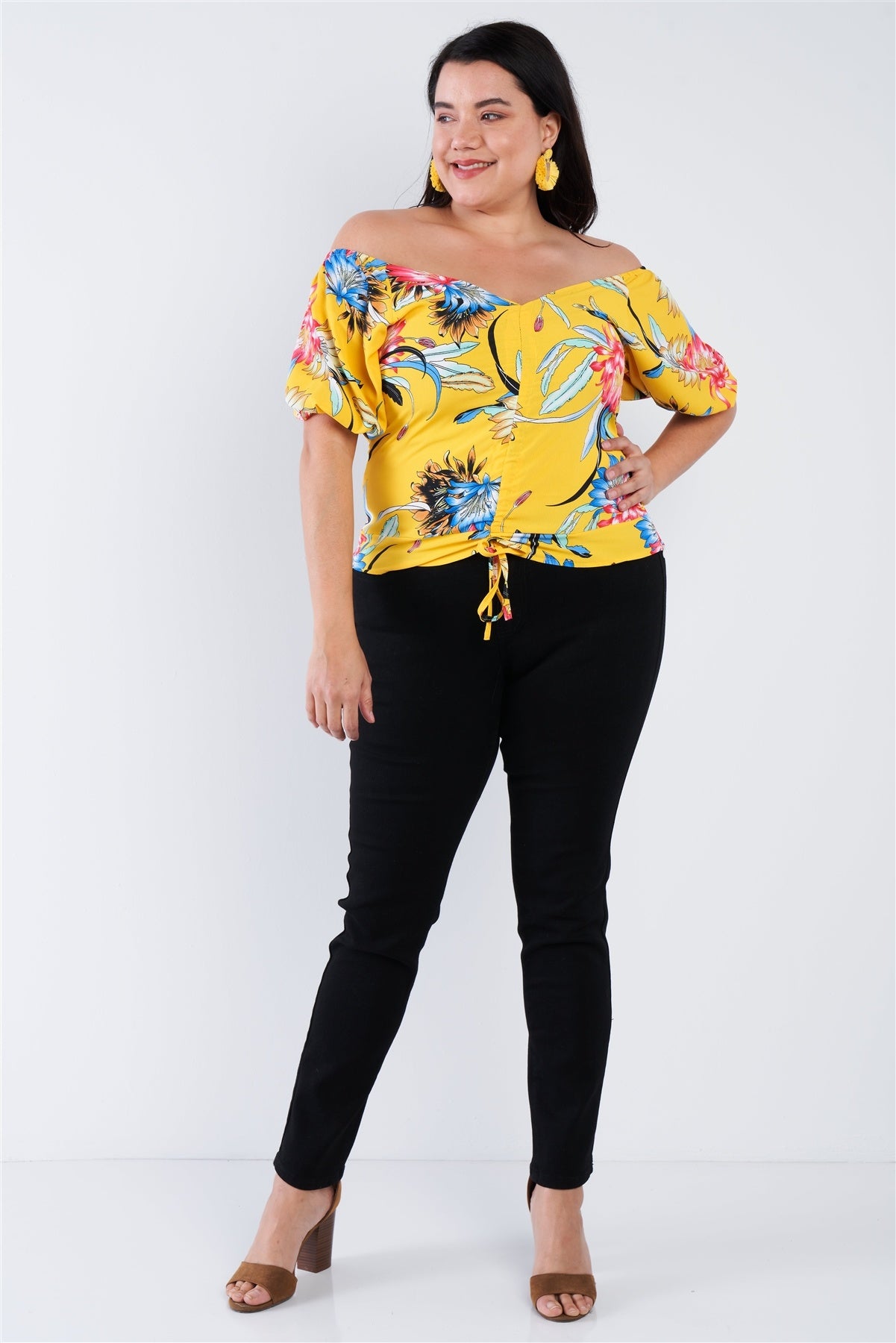 Plus Size Multi Tropical Floral Puff Sleeve Top