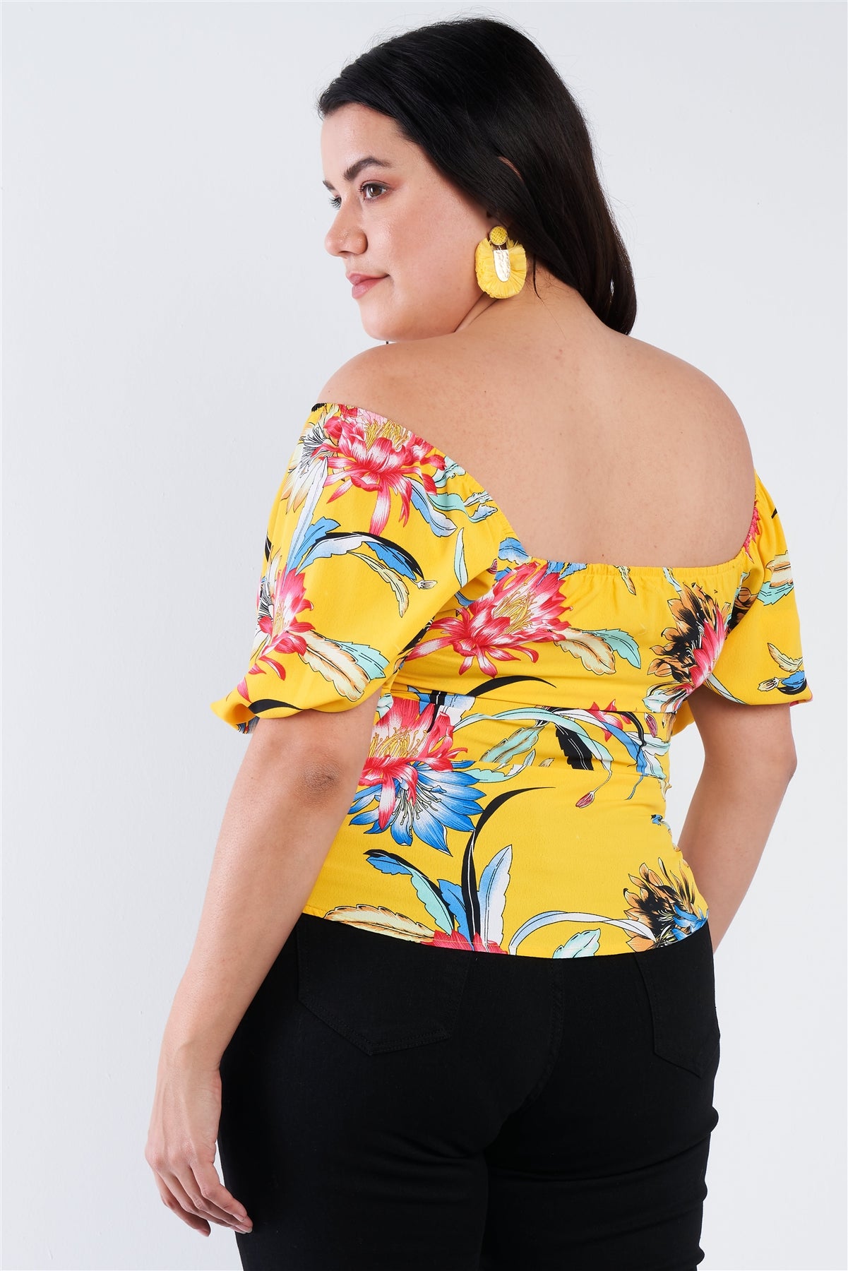 Plus Size Multi Tropical Floral Puff Sleeve Top