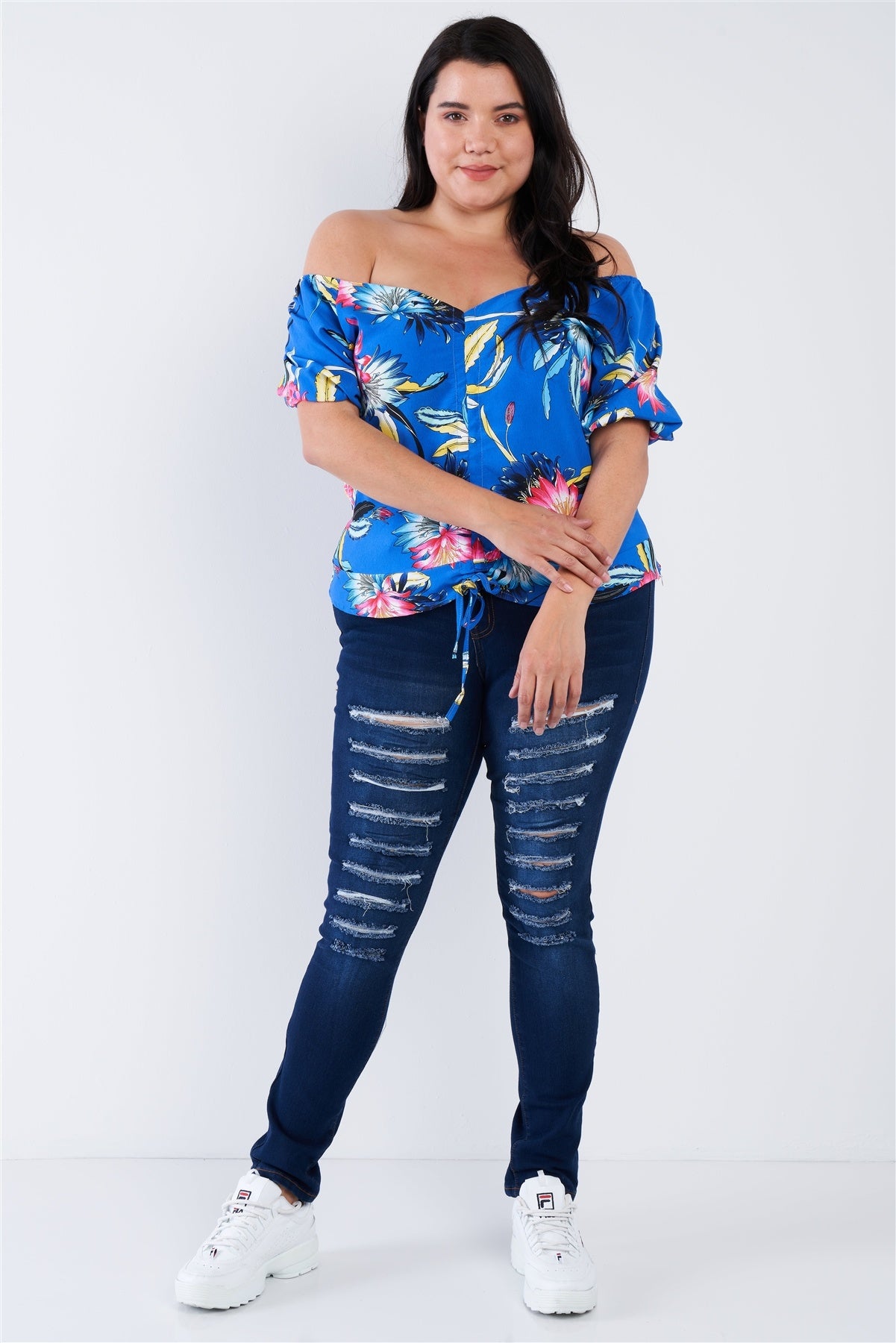 Plus Size Multi Tropical Floral Puff Sleeve Top