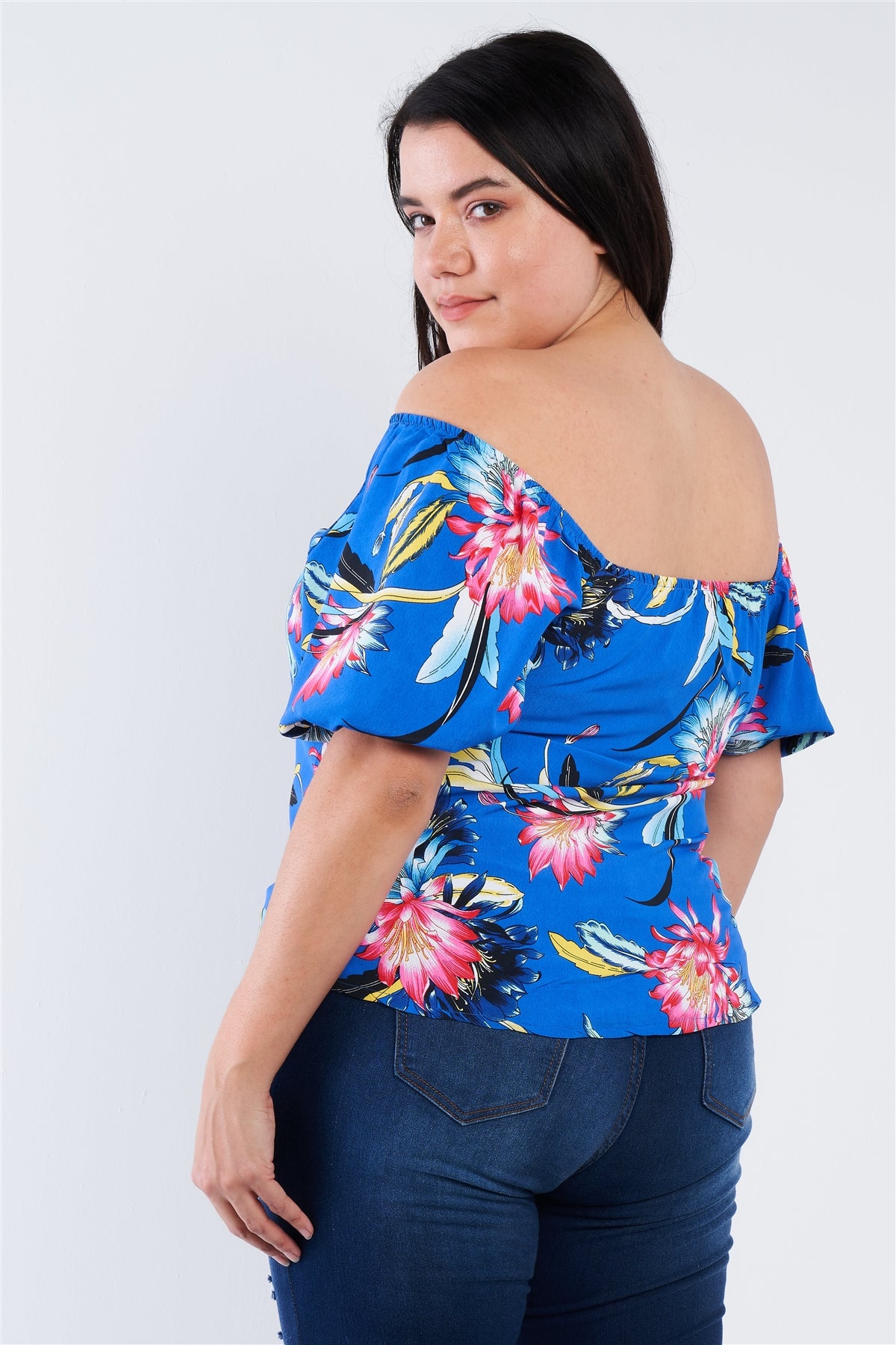 Plus Size Multi Tropical Floral Puff Sleeve Top