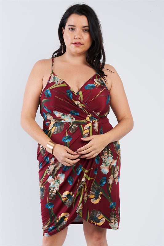 Plus Size Floral Surplice Tulip Mini Dress