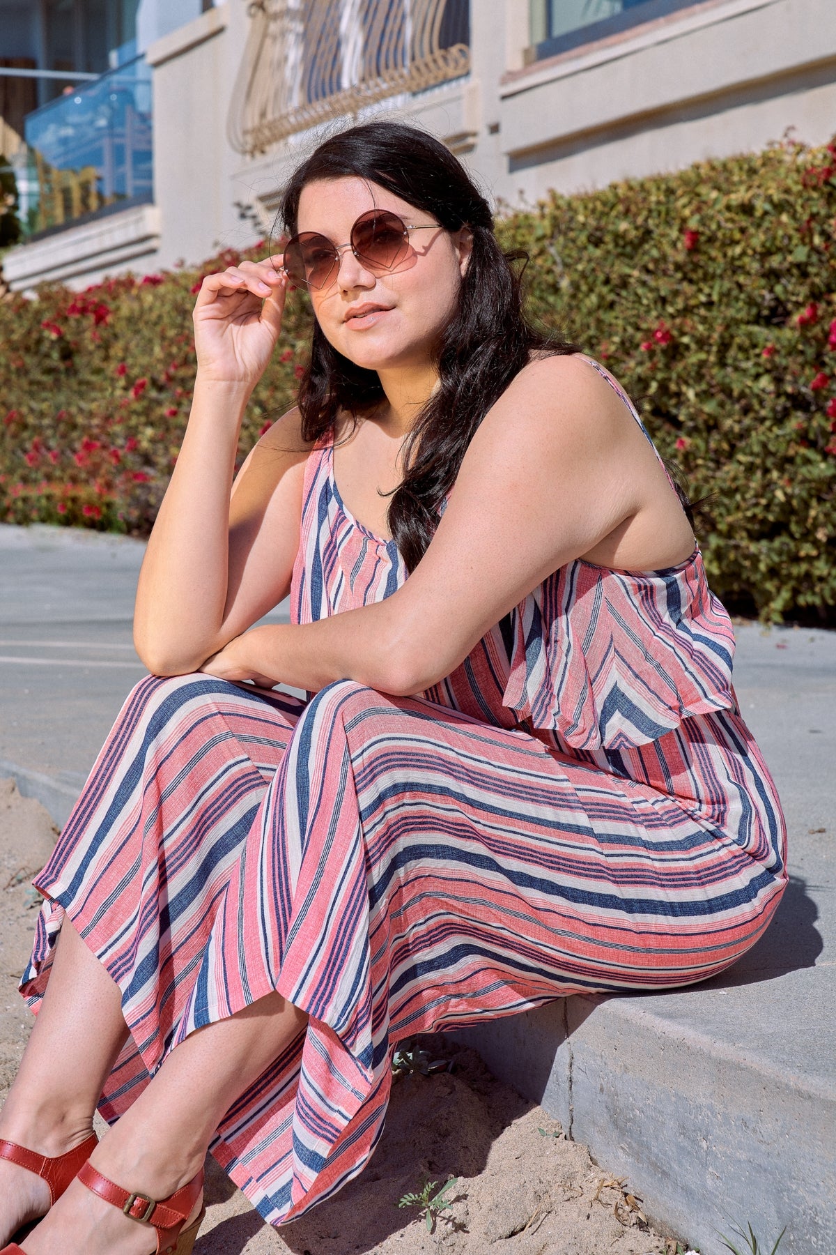 Plus Size Coral Striped Flowy Boho Jumpsuit