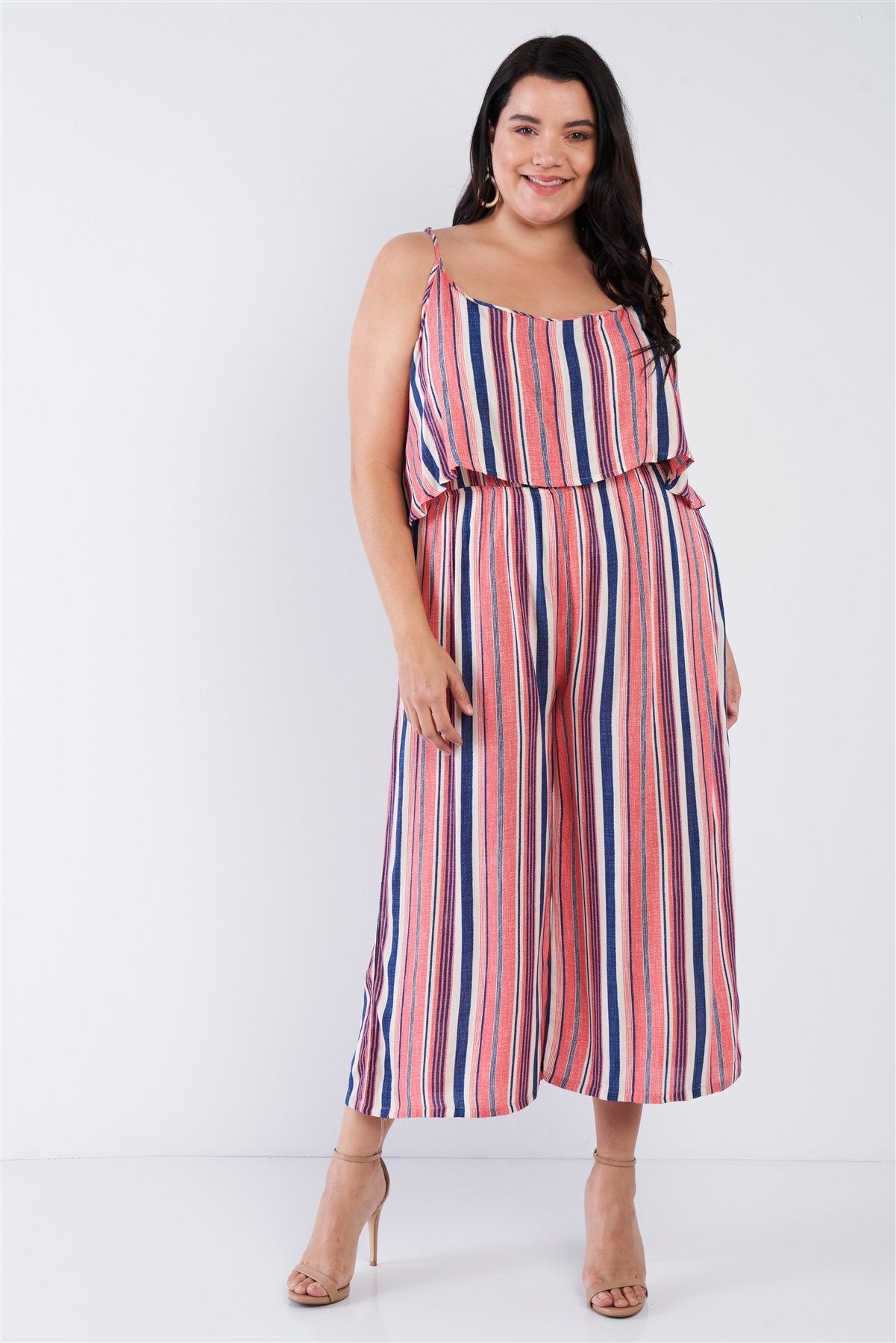 Plus Size Coral Striped Flowy Boho Jumpsuit