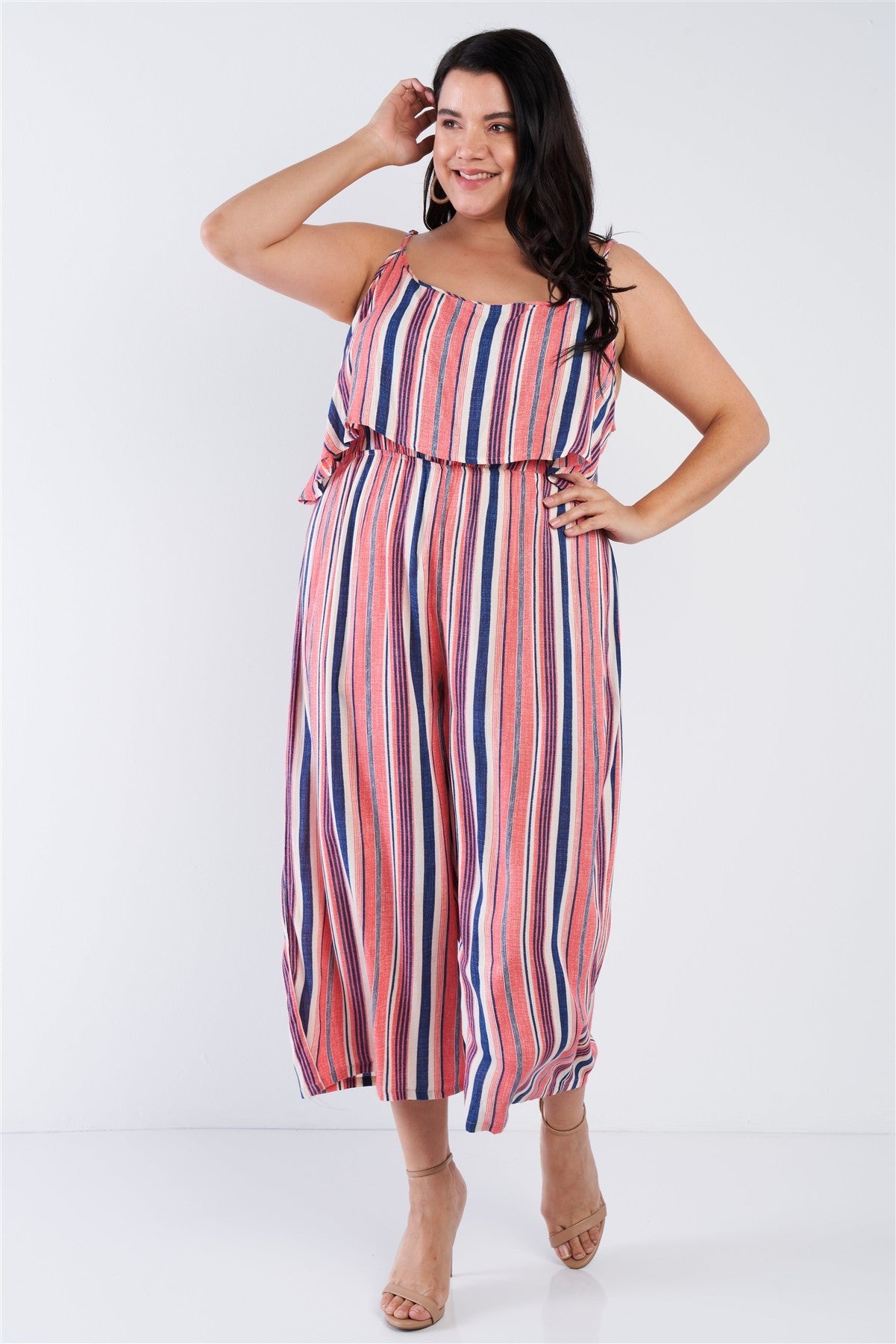 Plus Size Coral Striped Flowy Boho Jumpsuit