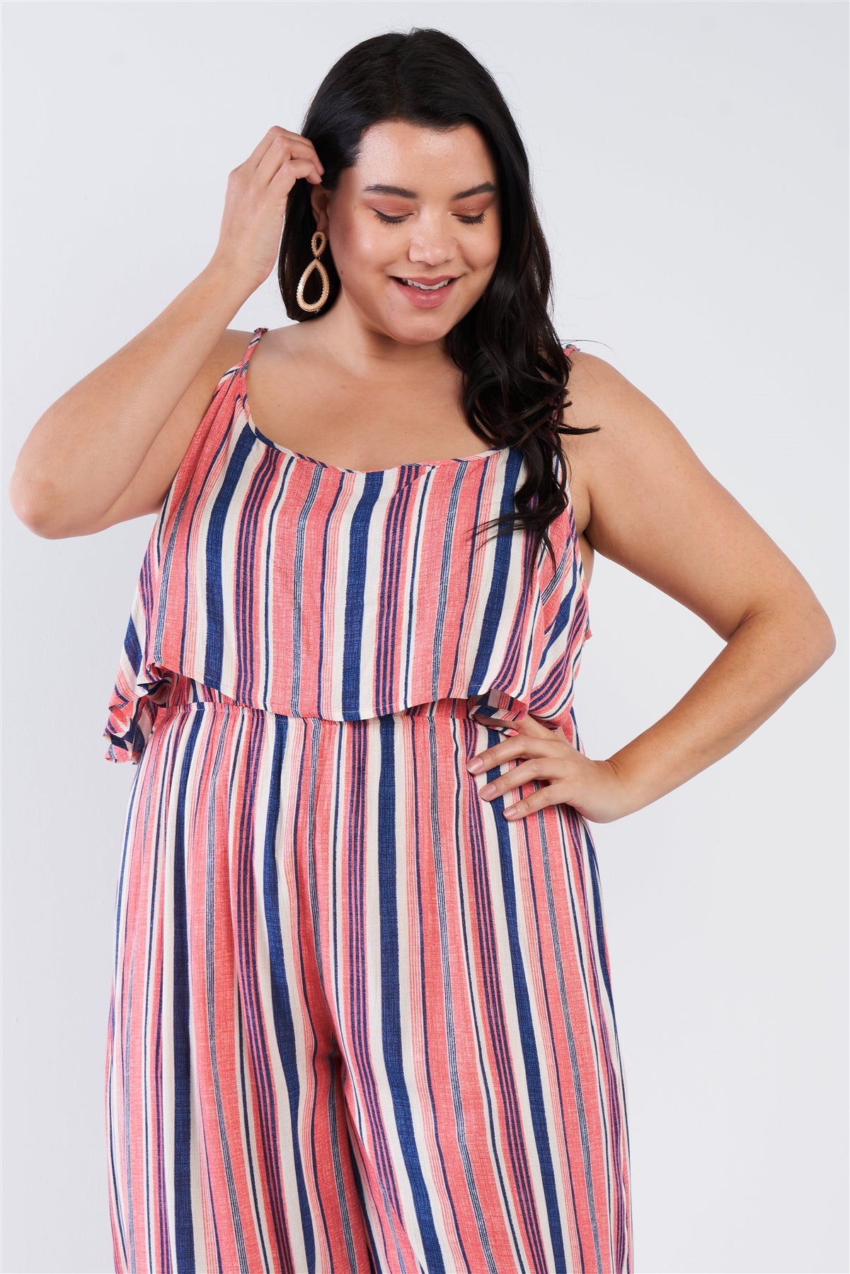Plus Size Coral Striped Flowy Boho Jumpsuit