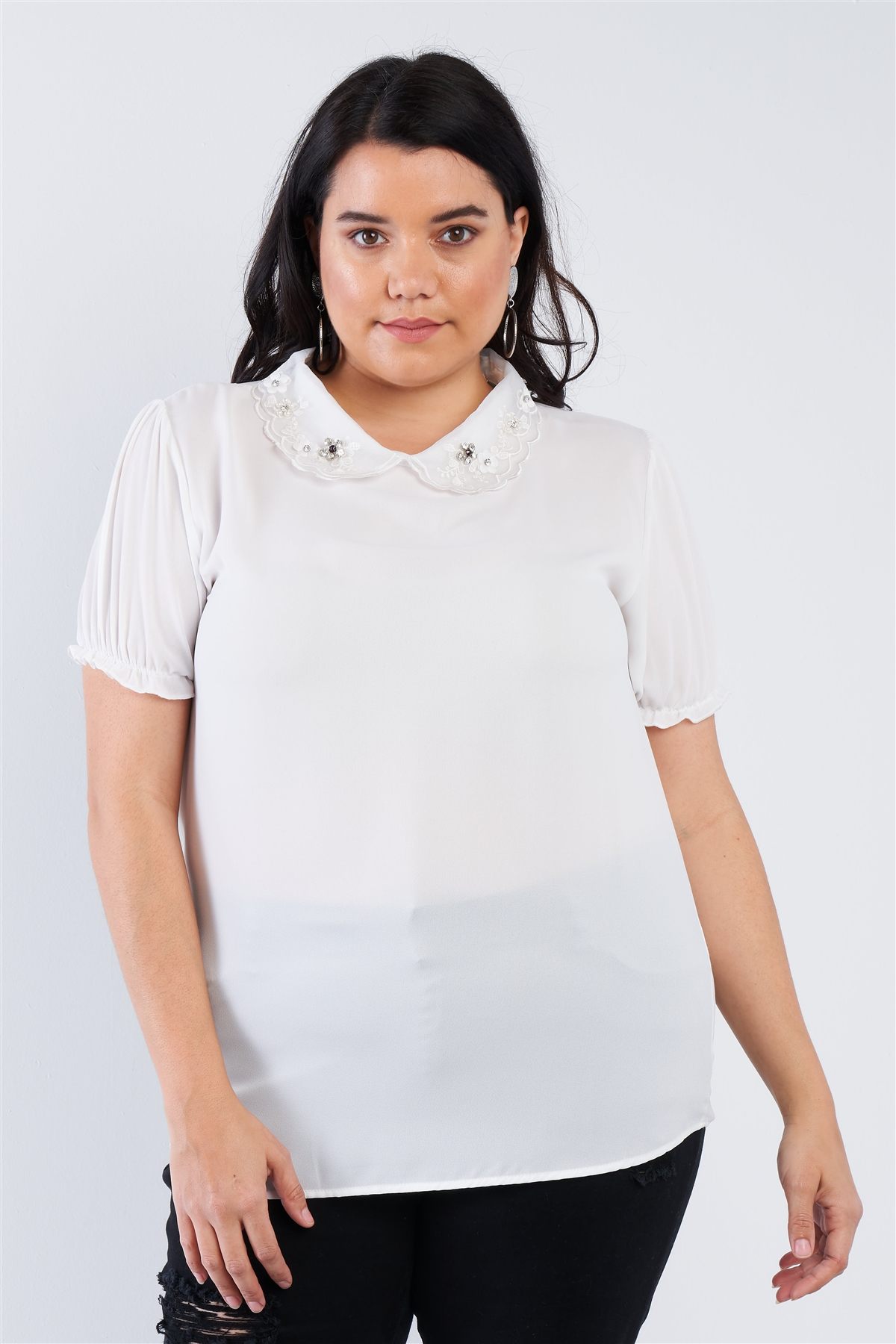 Plus Size Chiffon Embellished Peter Pan Collar Top