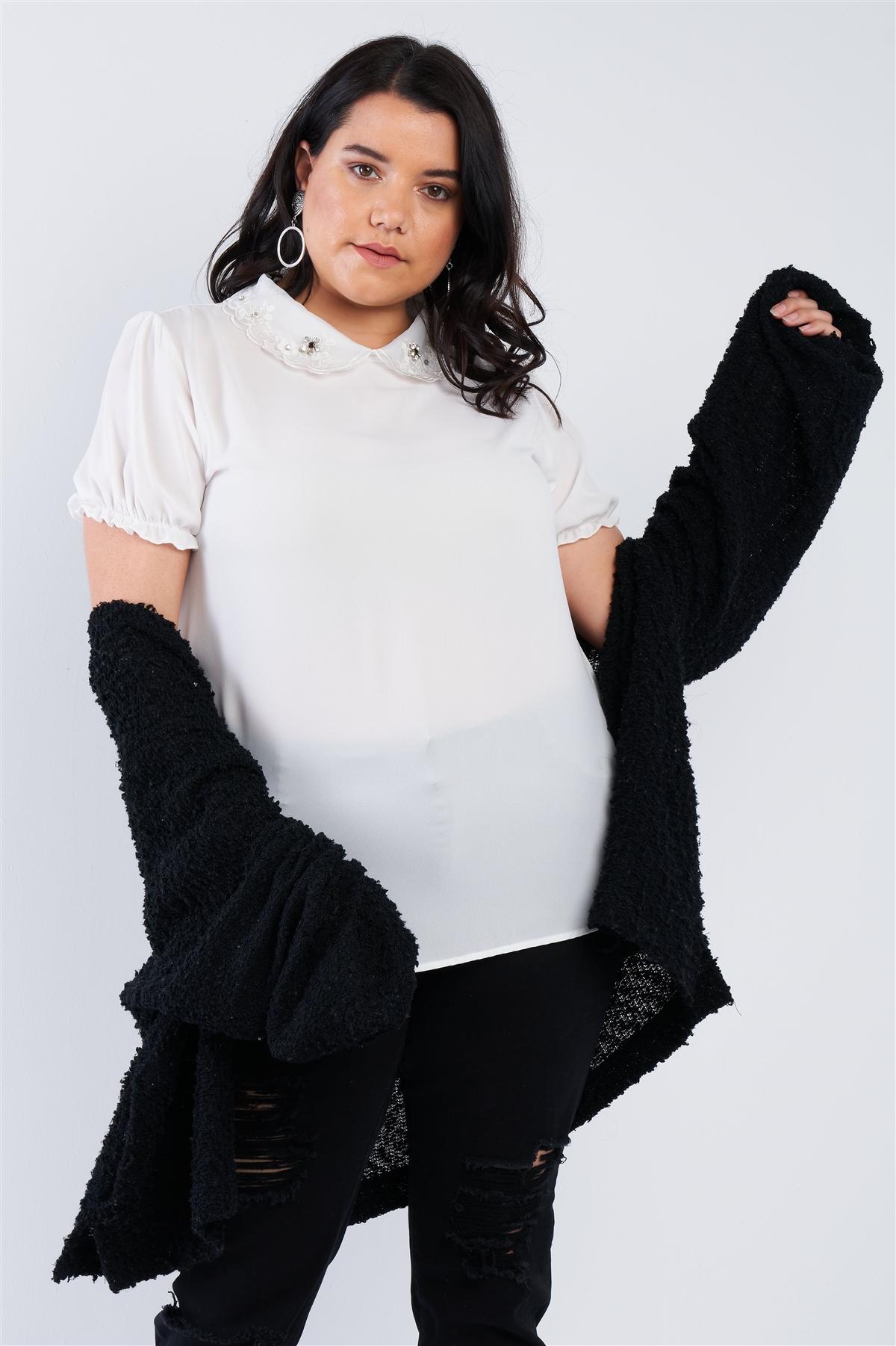 Plus Size Chiffon Embellished Peter Pan Collar Top