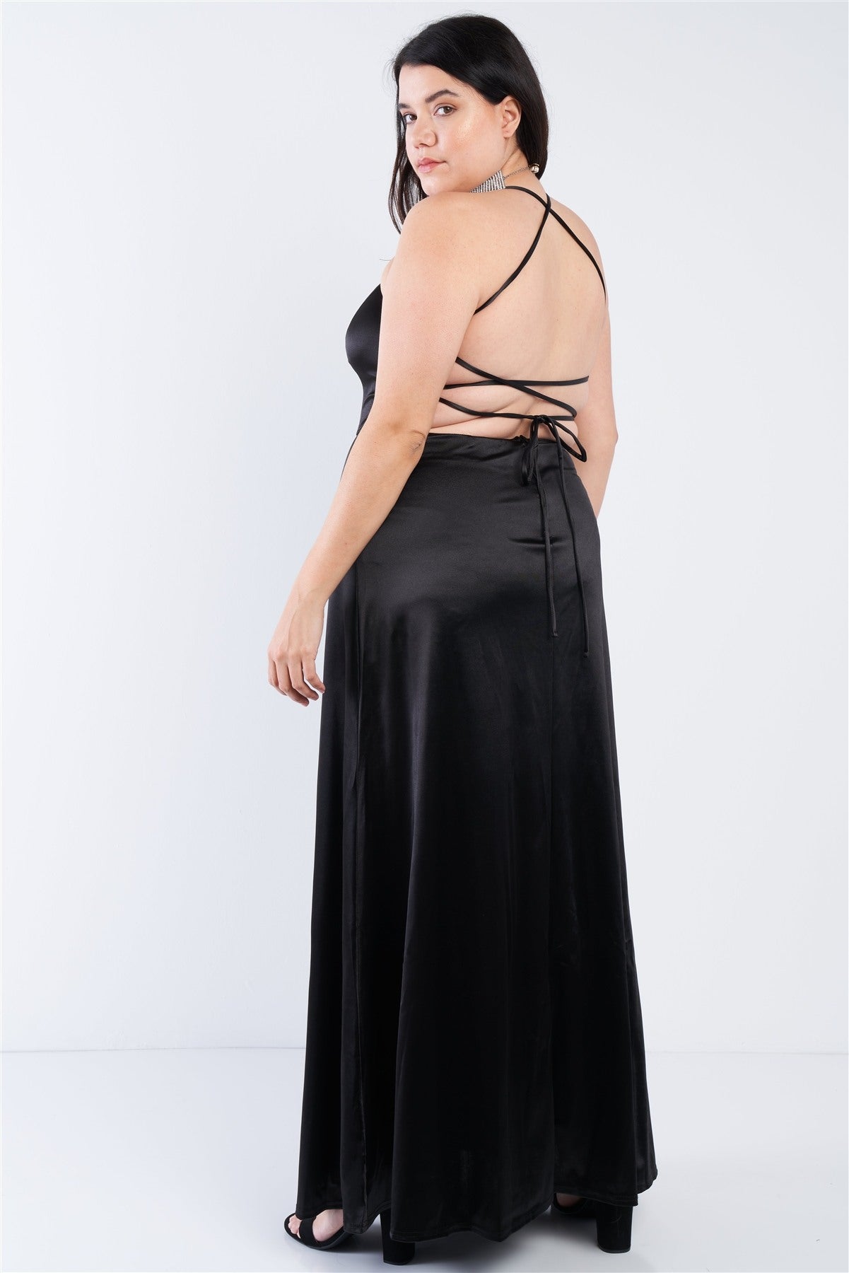 Plus Size Satin Open Criss Cross Back Maxi Dress