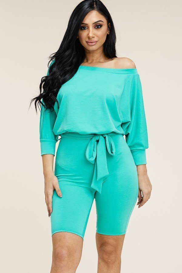 Slouchy Solid French Terry 3/4 Sleeve Romper With Tie Waist