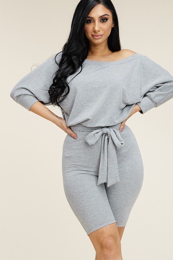 Slouchy Solid French Terry 3/4 Sleeve Romper With Tie Waist