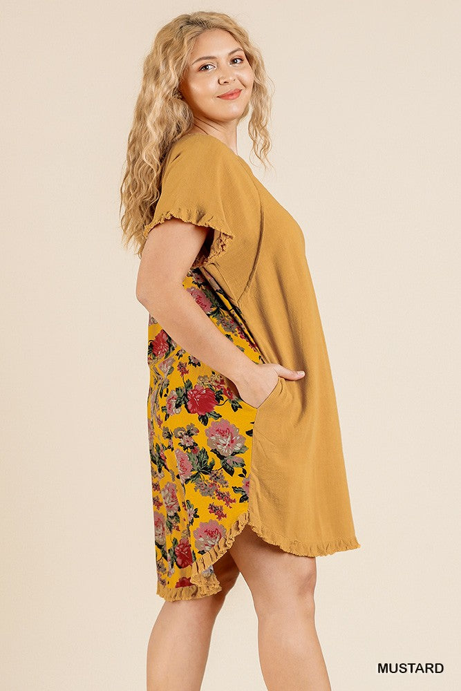 Short Sleeve Round Neck Dress With Floral Print Back And High Low Scoop Ruffle Hem