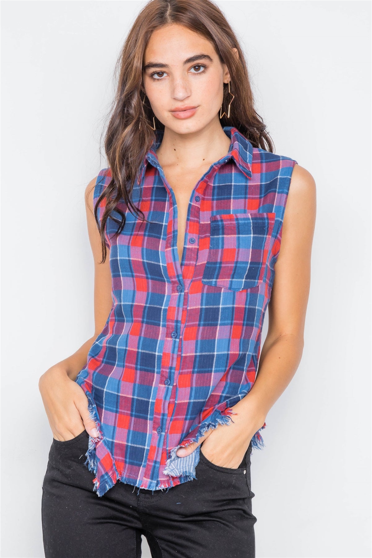 Navy & Red Plaid Stripe Raw Distressed Hem Flannel