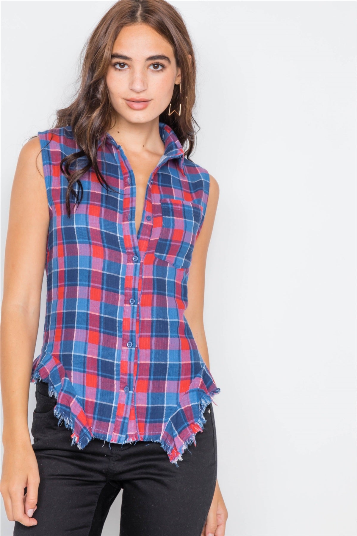 Navy & Red Plaid Stripe Raw Distressed Hem Flannel